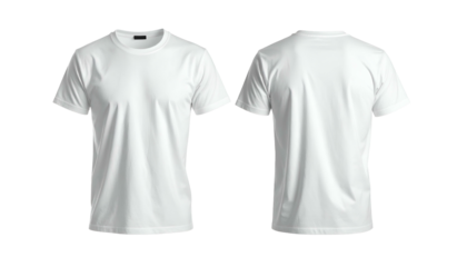 Front and back view of a blank white short-sleeved t-shirt on a transparent background