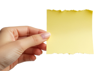 Hand Holding Yellow Torn Sticky Note Paper, Transparent Background