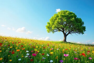 A solitary tree stands amidst a field of wildflowers, its branches interwoven with the vibrant blooms, creating a unique blend of isolation and connection ,  calm,  ecology