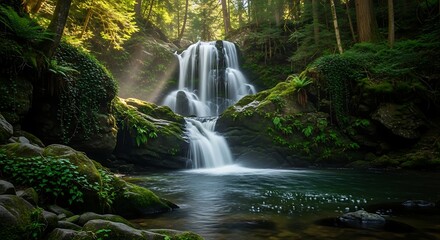 Serene Waterfall Cascading Through Lush Green Forest, Sunlight Illuminating Water.