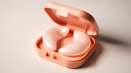 A product photograph of two white hydrogel under-eye patches in a coral-pink carrying case.