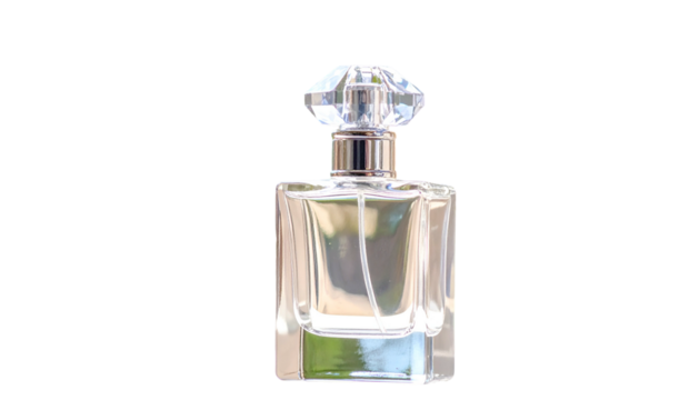 Clear perfume bottle with a faceted crystal-like stopper against a blurred green background - Powered by Adobe
