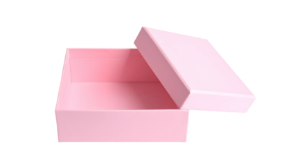 A light pink, open square box, slightly tilted, revealing its empty interior against black