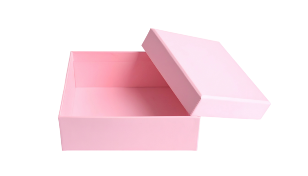 A light pink, open square box, slightly tilted, revealing its empty interior against black