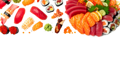 An assortment of sushi and sashimi on a white plate and scattered background