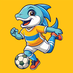A playful dolphin soccer player kicking a ball energetically on a sunny beach field.