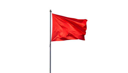A bright red flag, slightly billowing in the wind, against a stark black background