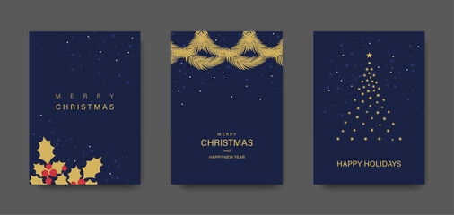 Merry Christmas and Happy New Year greeting card with a golden garland of fir branches and holly with red berries. Suitable for Christmas greetings, invitations, advertising, and promotions. © sunshinys