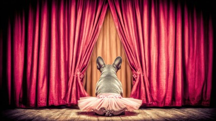 A dog in a pink tutu sits before red curtains, resembling a performer waiting to take the stage, blending humor and charm.