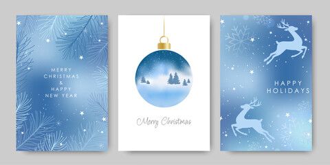 Merry Christmas and New Year greeting card, blue gradient with a Christmas tree bauble, fir branches, snowflakes, and deer. Suitable for Christmas greetings, invitations, advertising, and promotions. © sunshinys