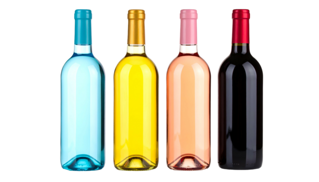 Four wine bottles of different colors and types, standing upright, on a dark background