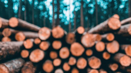 A blurred image of stacked logs in a forest, creating an abstract view with soft colors and a serene, natural atmosphere.