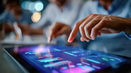 Fingers interacting with glowing holographic data on a digital tablet during a business meeting - Powered by Adobe