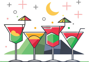 A vector illustration of a cocktail party invitation featuring a tropical martini drink in a glass with a lemon and fruit for a summer celebration .Colorful tropical cocktails under a crescent moon