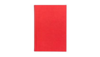 A vibrant red hardback book stands centered against a deep black background, upright