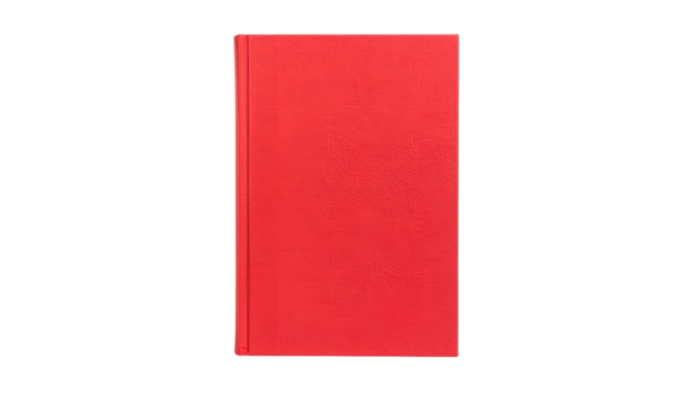 A vibrant red hardback book stands centered against a deep black background, upright