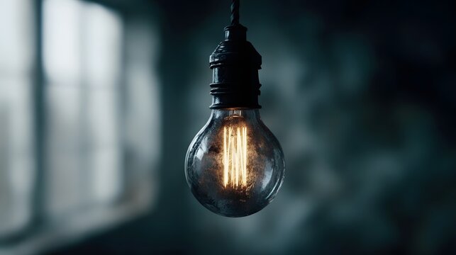 Close up of a glowing vintage Edison style light bulb hanging in a dimly lit atmospheric setting