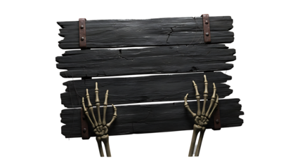 A creepy blank black wooden sign held by two skeleton hands provides spooky copy space for Halloween, isolated on a white background.