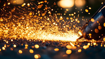 Sparkling Metal Fusion: A close-up showcases the mesmerizing dance of molten metal sparks during a high-powered industrial cutting process.