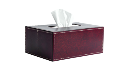A rectangular tissue box, maroon leather exterior, white tissues peaking through a top opening