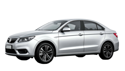 A silver sedan, parked, angled towards the viewer, with alloy wheels, and a dark background