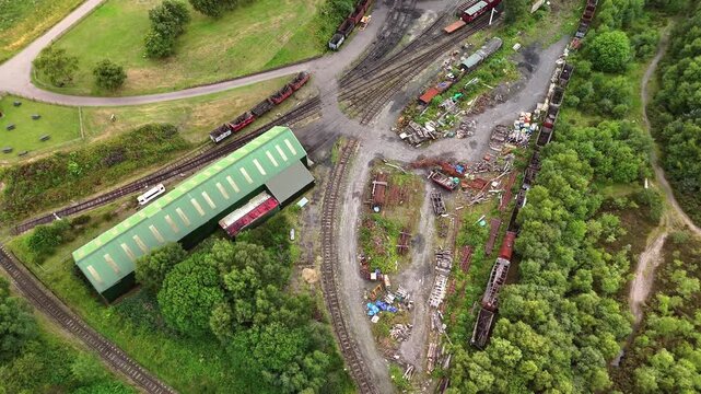 Durham UK: 22nd July 2025: Drone view of Tanfield Railway yard in County Durham. Railway yard topdown view