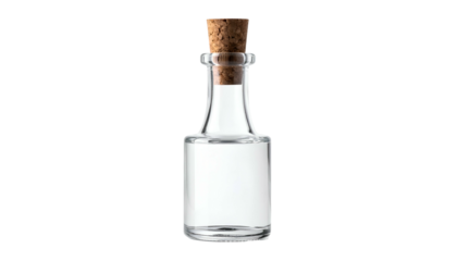 A small, clear glass bottle with a cork stopper, filled with a clear liquid, set against black