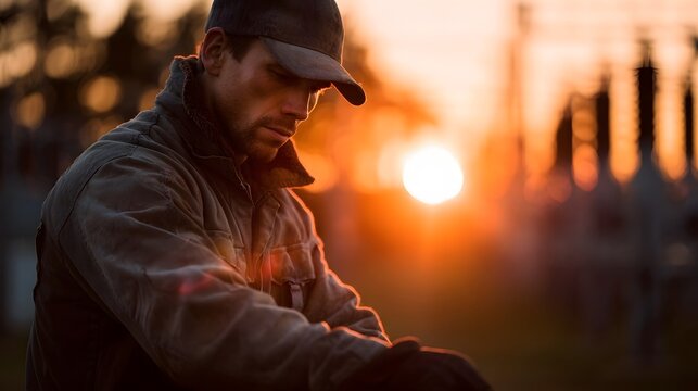 A focused man in a cap and work jacket silhouetted against a warm sunset with industrial power structures blurred in the background