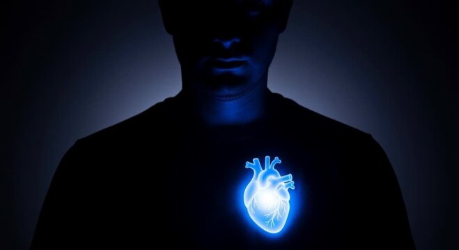 Man with illuminated heart graphic on chest in dark environment with subtle backlighting