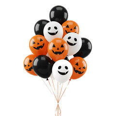 Obraz premium A festive bouquet of Halloween balloons featuring smiling jack-o'-lantern and ghost faces in classic orange, black, and white, isolated on a white background.