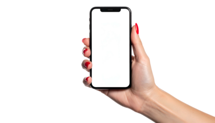 A hand with red nails holds up a phone with a blank white screen, set against a dark background