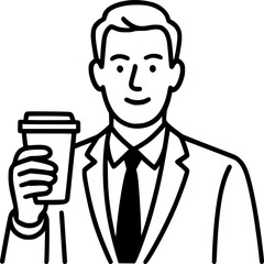 Obraz premium Office Worker with Coffee Cup Contour – Minimal Black and White Vector Illustration for Workplace, Productivity, and Business