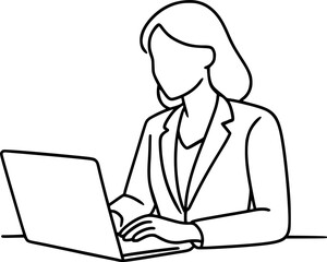 Businesswoman with Laptop Minimal Line Art &ndash; Elegant Modern Vector Illustration, Remote Work and Professional Digital Communication