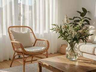 Scandinavian Living Room with Wicker Armchair and Rustic Coffee Table in Warm Natural Light 
