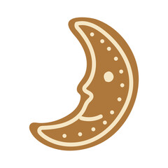 Moon-shaped cookie decorated with a smiling face and dotted details on a plain background
