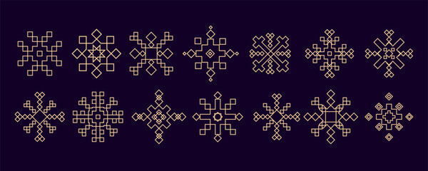 Geometric Line Art Snowflake set on Dark Background. Set of snowflake icons in elegant gold line art style for greeting cards, packaging, wrapping paper, websites, posters, branding, holiday designs