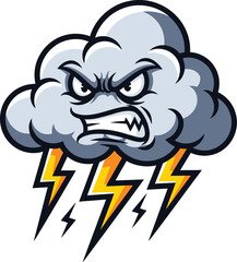 Furious storm cloud cartoon vector with intense lightning strikes, perfect for weather warnings, emotional drama, and powerful graphic design elements