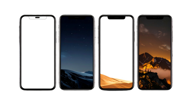 Four smartphones with varying screens showcasing white, dark, and landscape visuals