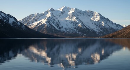 Fototapeta premium Majestic Snow-Capped Mountain Peaks Mirrored in Serene, Crystal-Clear Lake Waters Under a Bright Sky.