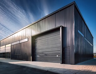 Minimalism in Industry  A modern warehouse featuring a smooth, corrugated metal exterior