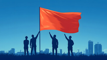 Rise of the Crimson Banner: A group of individuals raises a bold red flag against a backdrop of urban silhouette, symbolizing defiance, revolution, or collective action.