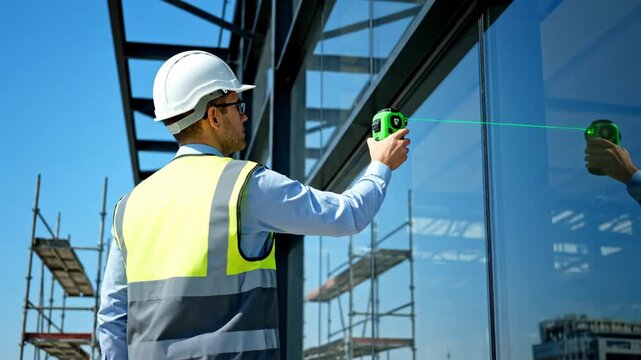 An engineer uses a laser level to measure the glass facade of a modern building