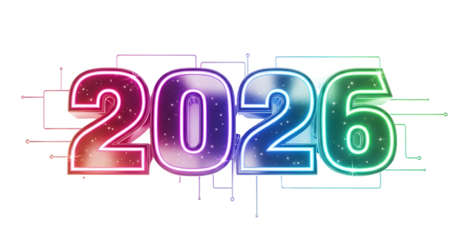 Neon future year 2026 isolated on transparent background