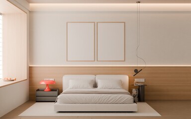 Fototapeta premium Modern Minimalist Bedroom Interior with Frame Poster Mockup - 3d Render 