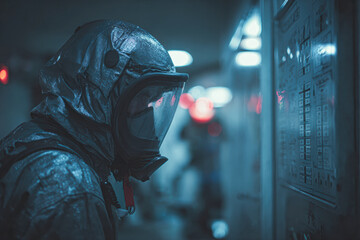 A figure in protective gear stands in a dimly lit environment, focused on a control panel, conveying a sense of urgency and caution.