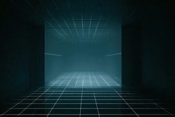 A dark, geometric interior scene featuring a glowing grid pattern on the floor and ceiling
