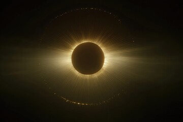 A celestial event depicted, showcasing a dark central body surrounded by radiant light, with a corona