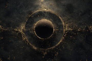 Abstract, dark, celestial, circular design with gold accents and a central planet-like shape