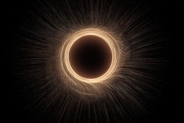 A bright-edged circular void at center, surrounded by emanating light strands against a deep black backdrop