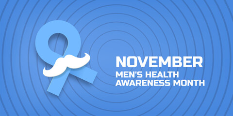 Obraz premium November Mens Health awareness month banner with blue ribbon and moustache icon. Blue November is prostate cancer awareness month with moustache and ribbon. November mens health month poster